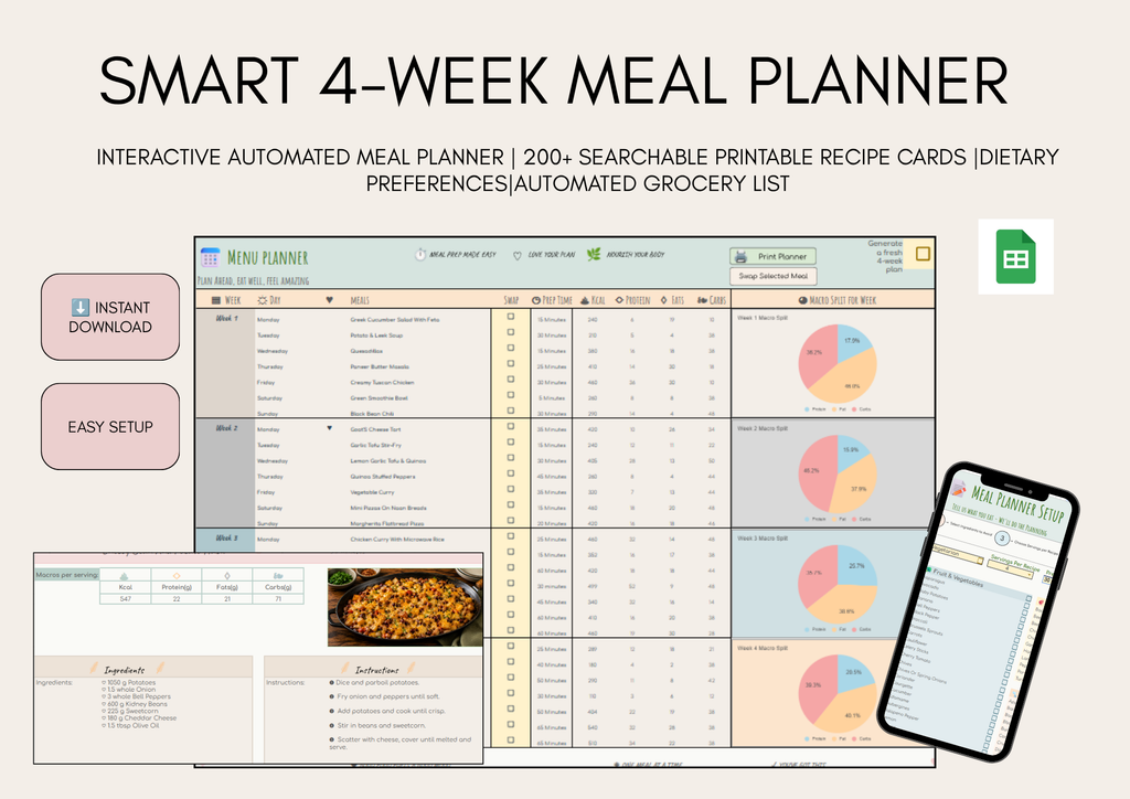 Automated Digital Meal Planner | Google Sheets Meal Planner, Recipe Planner, Shopping List & Pantry Tracker
