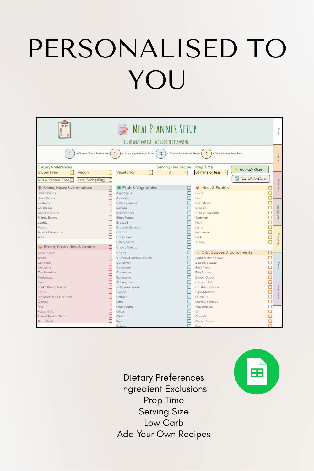 Automated Digital Meal Planner | Google Sheets Meal Planner, Recipe Planner, Shopping List & Pantry Tracker