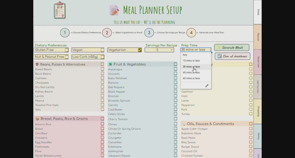 Automated Digital Meal Planner | Google Sheets Meal Planner, Recipe Planner, Shopping List & Pantry Tracker