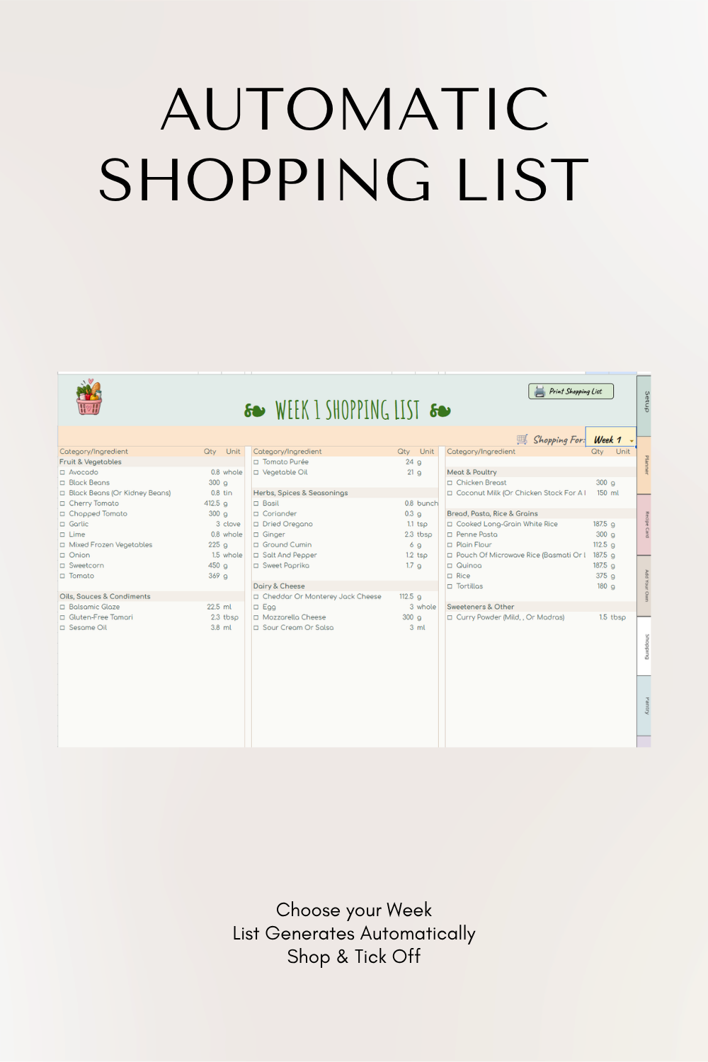Automated Digital Meal Planner | Google Sheets Meal Planner, Recipe Planner, Shopping List & Pantry Tracker